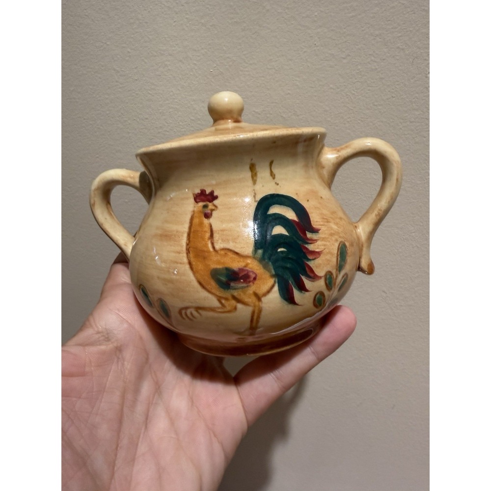 Vintage Pennsbury Pottery Rooster Sugar Bowl with Lid - Hand Painted Folk Art